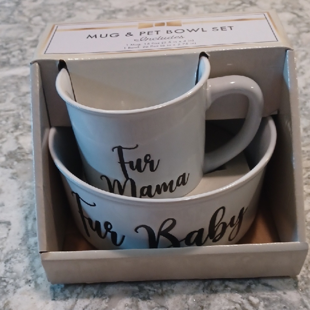 Elegant White Fur Mama Mug and Fur Baby Bowl Set